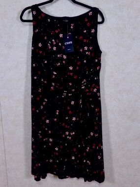 NWT Chico’s Black Multi Slip Over Floral Dress,Sleevless, Lined,Crew Neck Sz XL